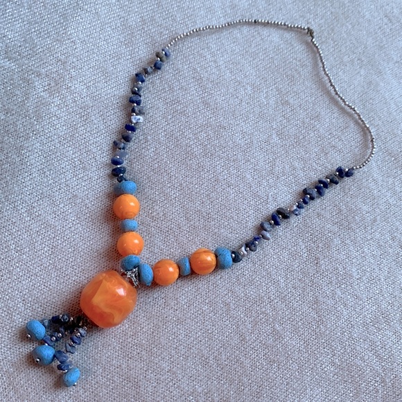 Tassel Necklace - Blue and orange beads - from Maroc - Picture 2 of 10